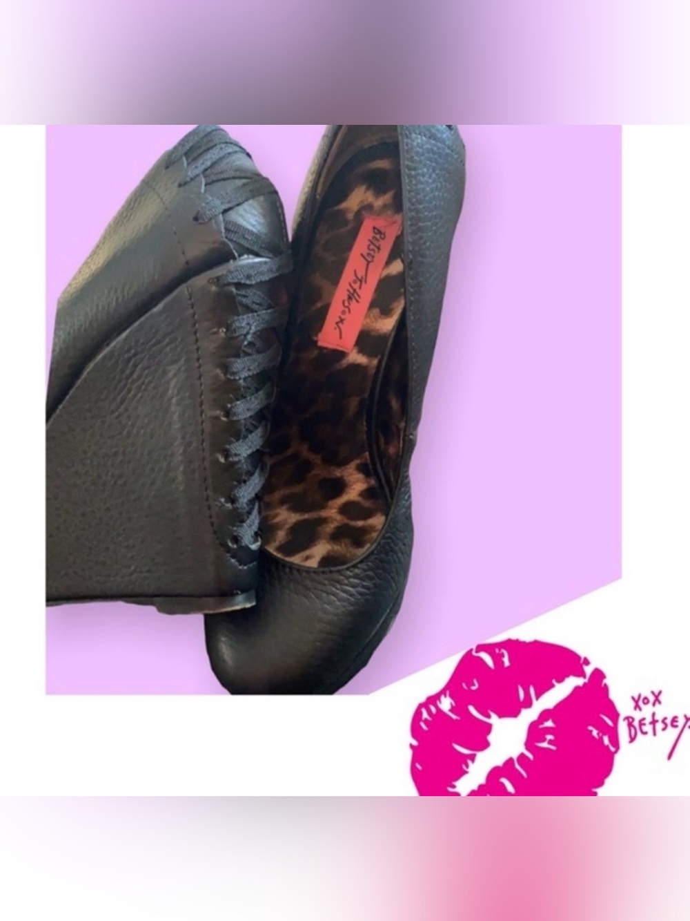 Betsy Johnson "Corsett" Corset Back Wedge Platform Black Pebble Grain Leather 7